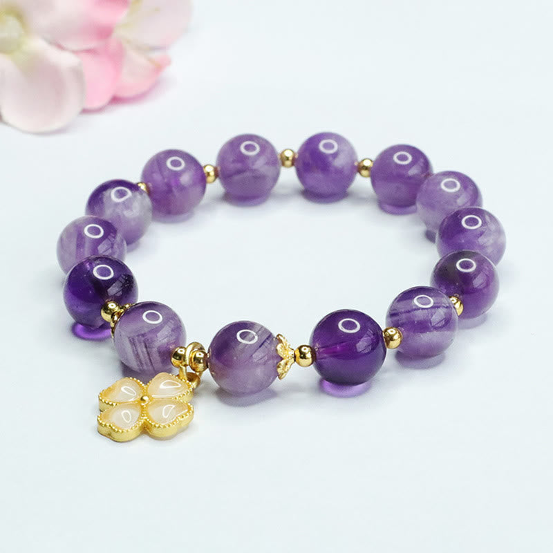 Fortune Jewel Natural Amethyst Crystal Inner Peace Four Leaf Clover Charm Bracelet