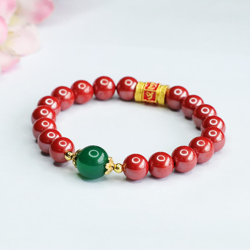 Fortune Jewel Natural Cinnabar Green Agate Om Mani Padme Hum Pattern Blessing Bracelet