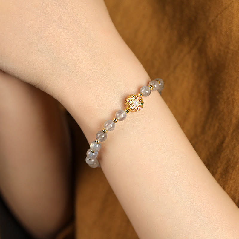 Fortune Jewel 14K Gold Plated Natural Strawberry Quartz Labradorite Sun Stone Fu Character Positive Charm Bracelet