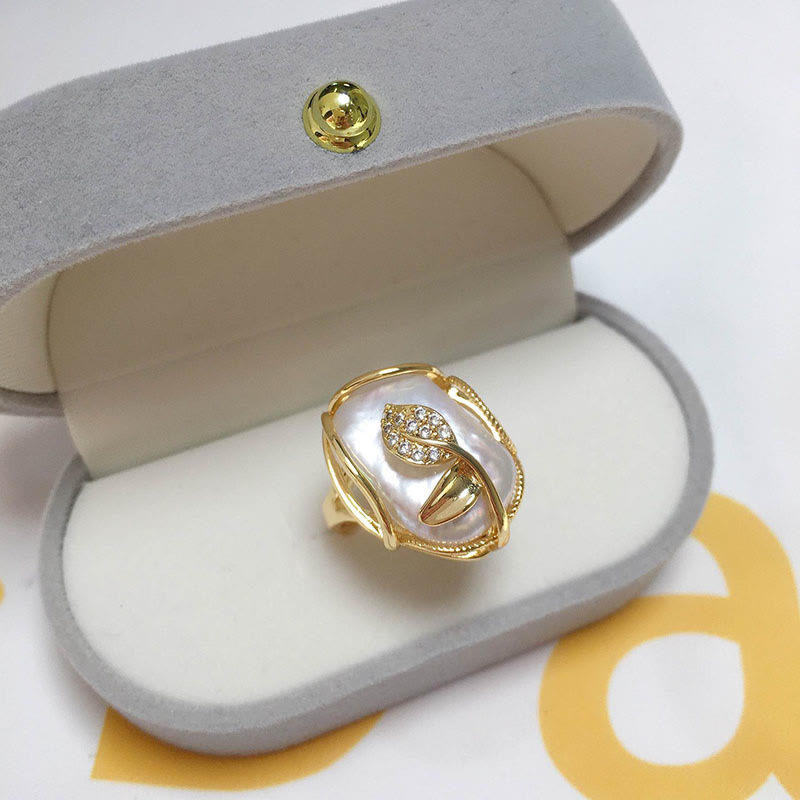 Fortune Jewel Pearl Copper Plated Gold Flower Happiness Wealth Ring
