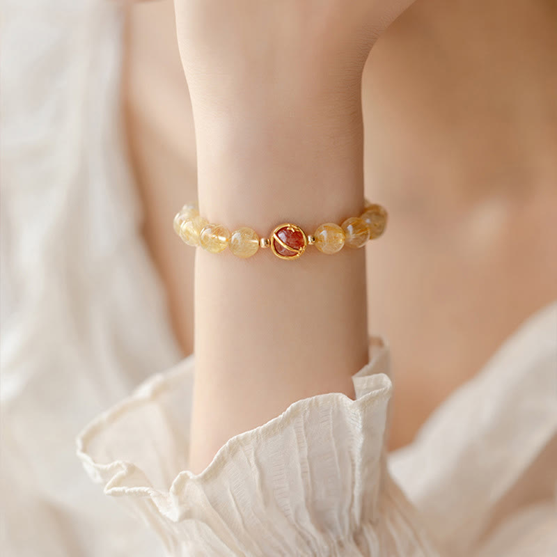 Fortune Jewel Golden Rutilated Quartz Strawberry Quartz Star Protection Bracelet