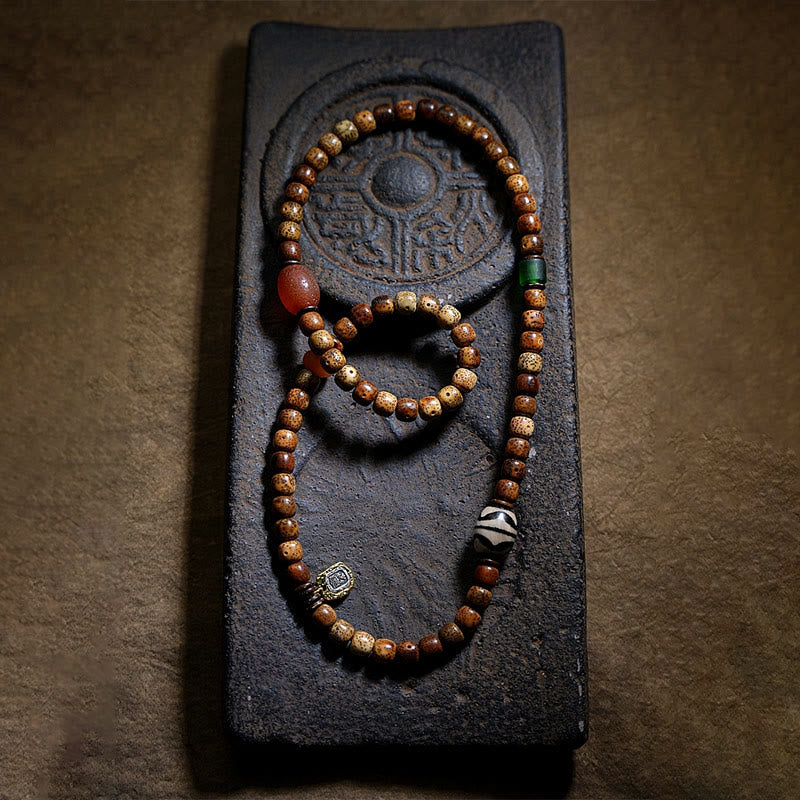 Fortune Jewel Tibetan Bodhi Seed Amber Dzi Bead Agate Zakiram Goddess of Wealth Beads Triple Wrap Bracelet