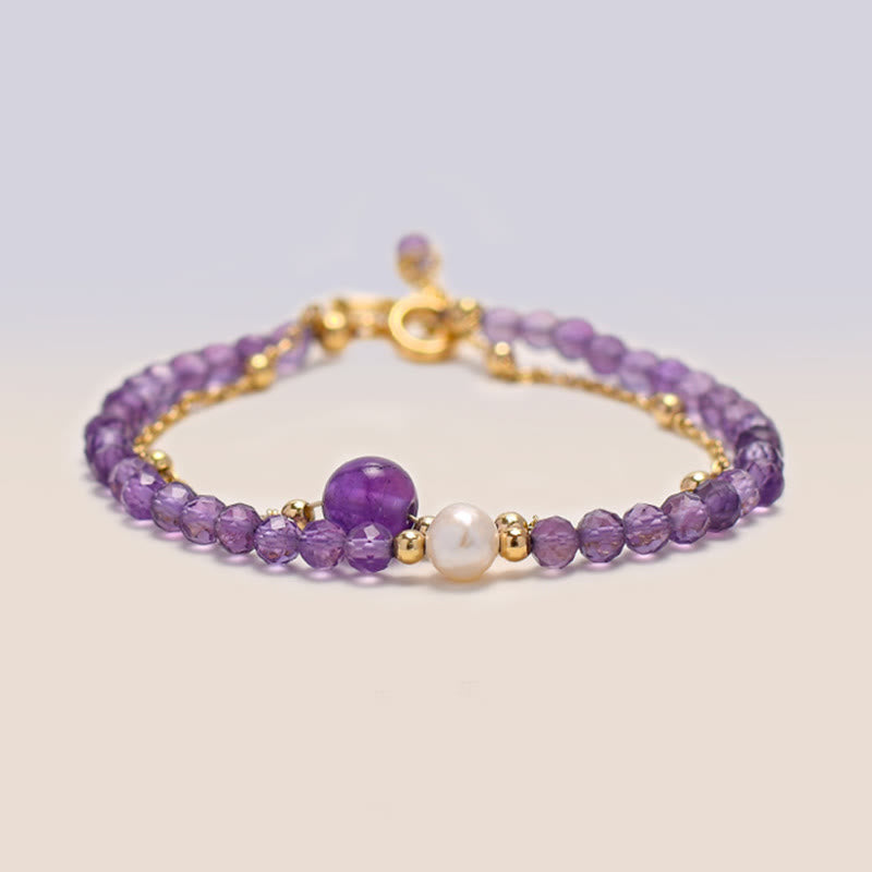 Fortune Jewel 14K Gold Plated Amethyst Crystal Healing Double Layer Chain Bracelet