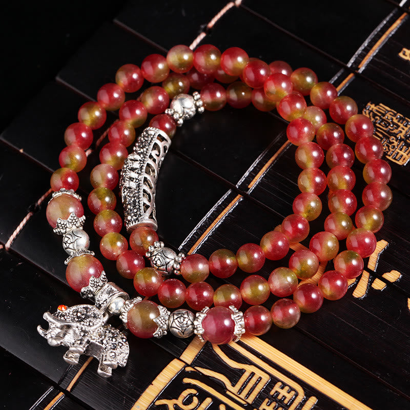 Fortune Jewel Natural Watermelon Tourmaline PiXiu Elephant Positive Triple Wrap Bracelet