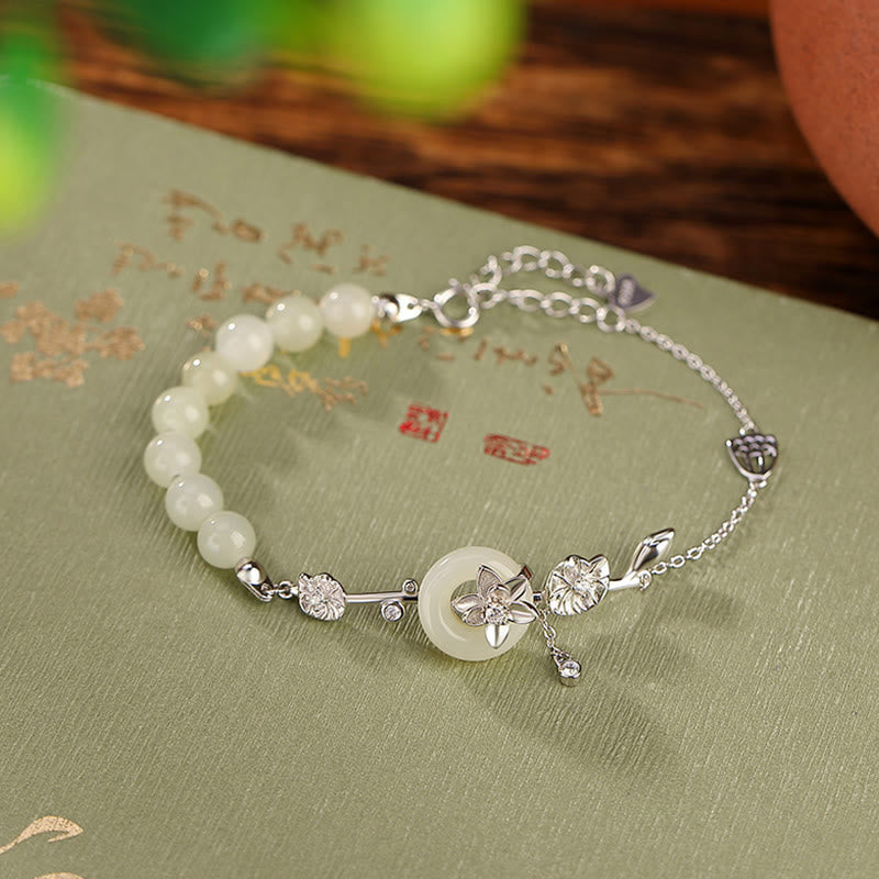 Fortune Jewel 925 Sterling Silver Hetian Jade Peace Buckle Lotus Luck Chain Bracelet
