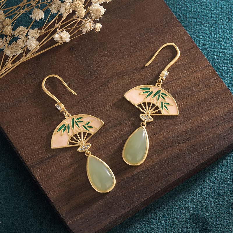 Fortune Jewel Natural Green Aventurine Fan Pattern Luck Drop Earrings