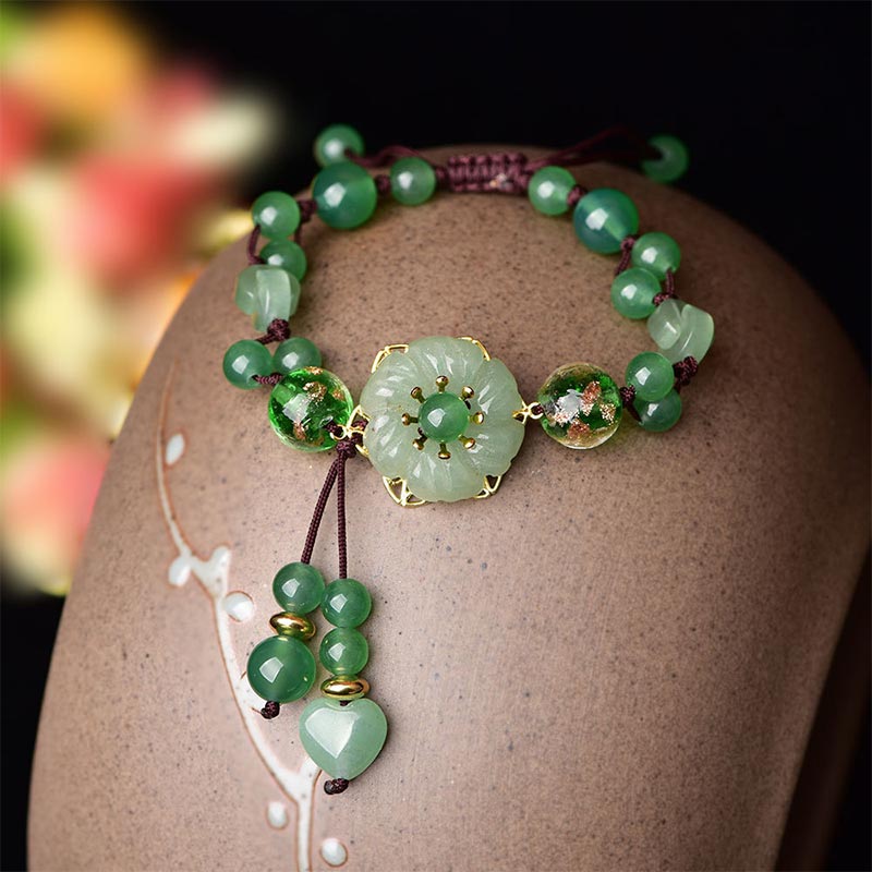 Fortune Jewel Natural Green Jade Luck Dangling Flower Bracelet