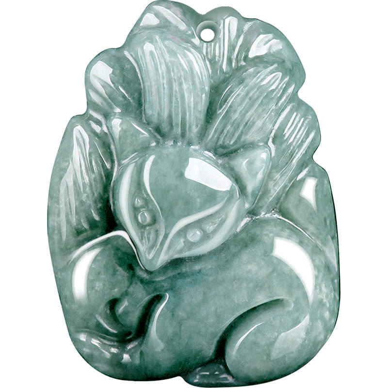Fortune Jewel Natural Green Jade Nine Tailed Fox Engraved Prosperity Necklace Pendant