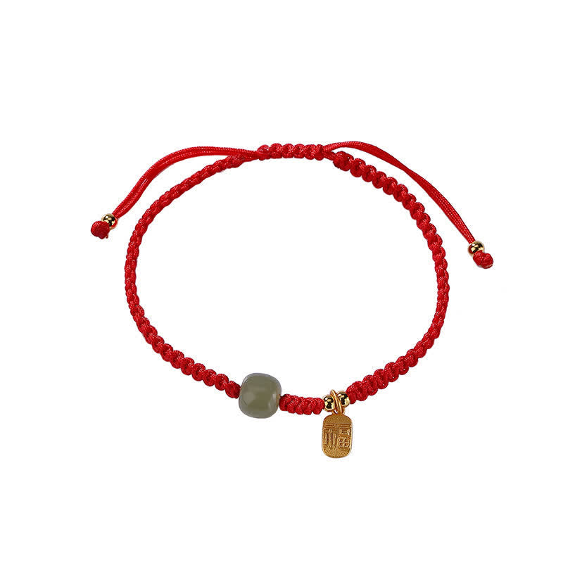 Fortune Jewel 925 Sterling Silver Hetian Jade Blessing Wealth Red String Bracelet