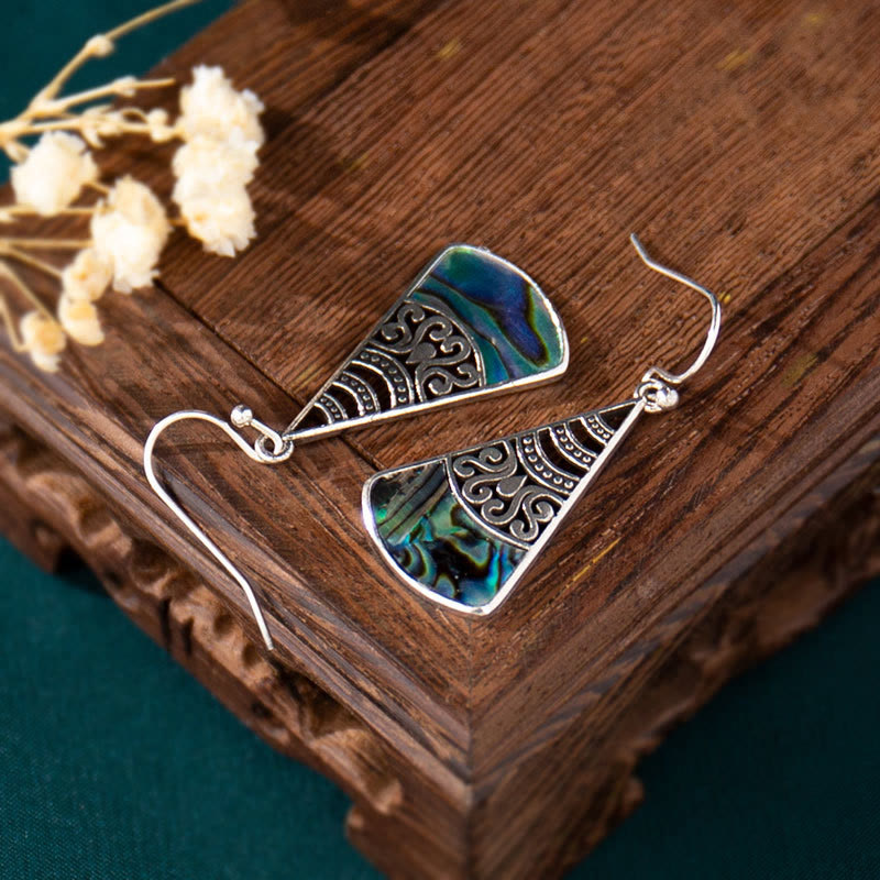 Fortune Jewel Copper Tridacna Stone Hollow Pattern Blessing Drop Earrings