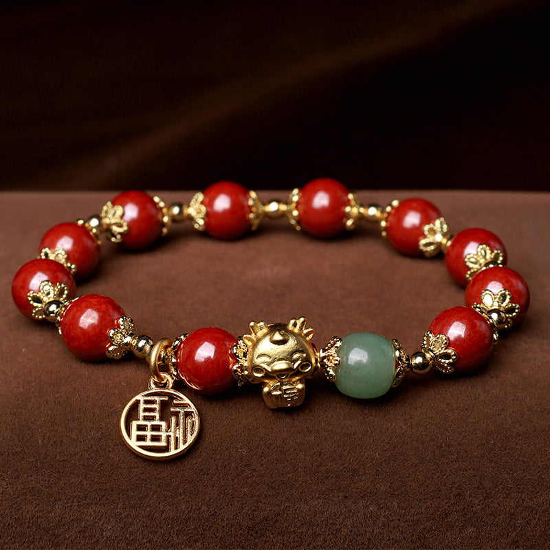 Fortune Jewel Year of the Dragon Natural Cinnabar Fu Character Charm Blessing Bracelet