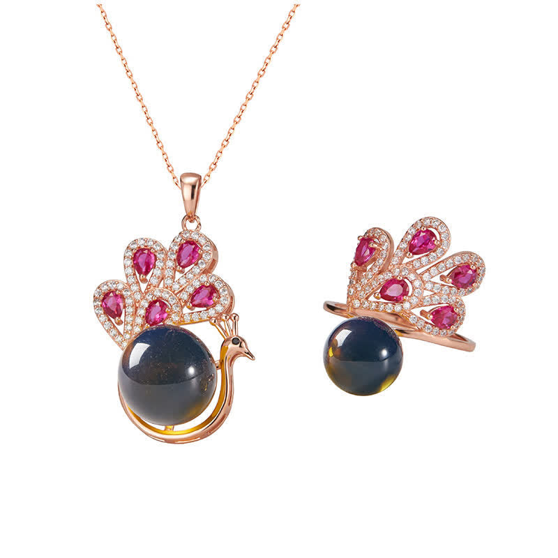 Fortune Jewel Peacock Amber Fortune Love Necklace Pendant Ring