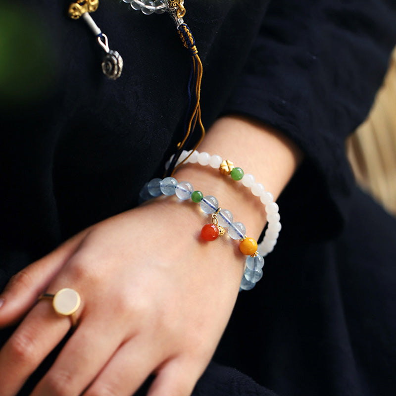 Fortune Jewel Aquamarine Red Agate Peace Gourd Charm Bracelet