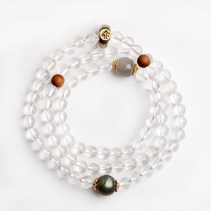 Fortune Jewel 925 Sterling Silver Chinese Zodiac Natal Buddha White Crystal Meditation Triple Wrap Bracelet