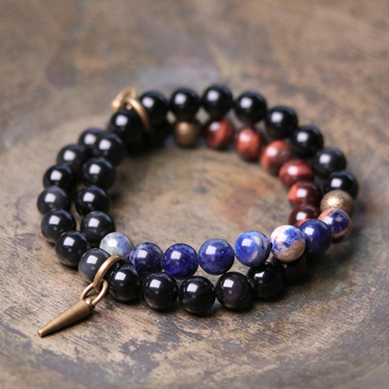 Fortune Jewel Black Obsidian Sodalite Crystal Copper Strength Couple Bracelet