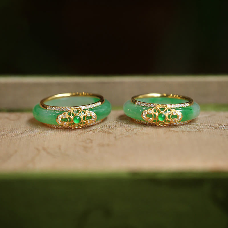 Fortune Jewel 18K Gold Plated Natural Green Chalcedony Strength Ring