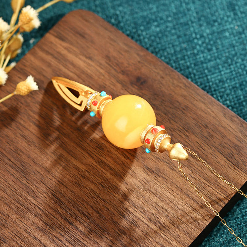 Fortune Jewel 24K Gold Plated Amber Dorje Vajra Clear Anxiety Necklace Pendant