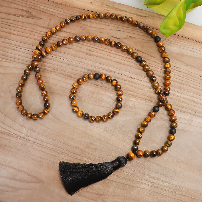 Fortune Jewel 108 Beads Mala Tiger Eye Protection Tassel Bracelet