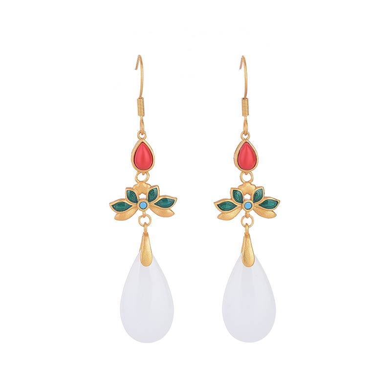 Fortune Jewel FengShui White Jade Luck Drop Earrings