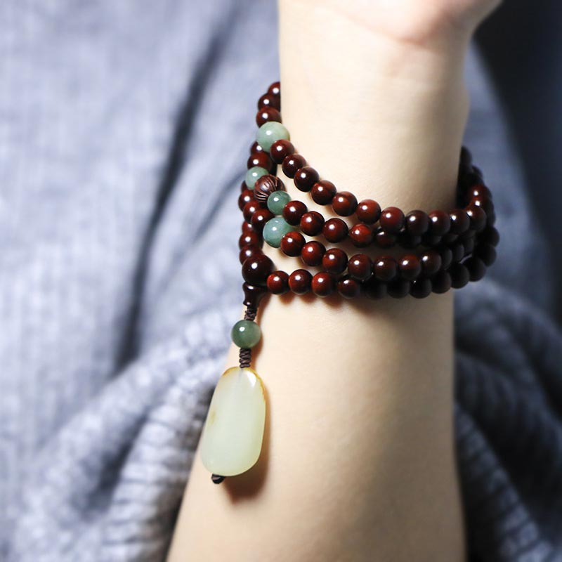 Fortune Jewel Tibetan Small Leaf Red Sandalwood Jade Mala Meditation Bracelet
