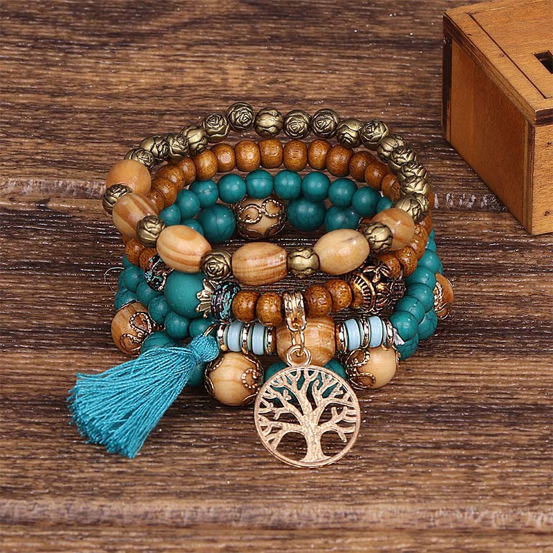 Fortune Jewel Wenge Wood Layered Tree Tassel Healing Bracelet - Fortune Jewel