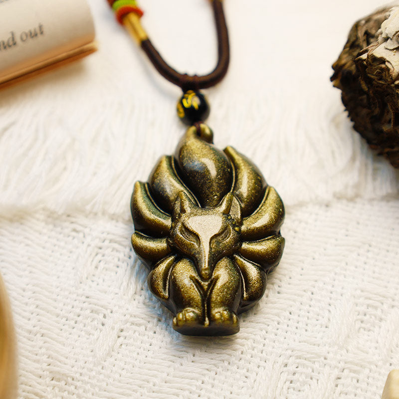 Fortune Jewel Natural Rainbow Obsidian Gold Sheen Obsidian Nine Tailed Fox Positive Necklace Pendant