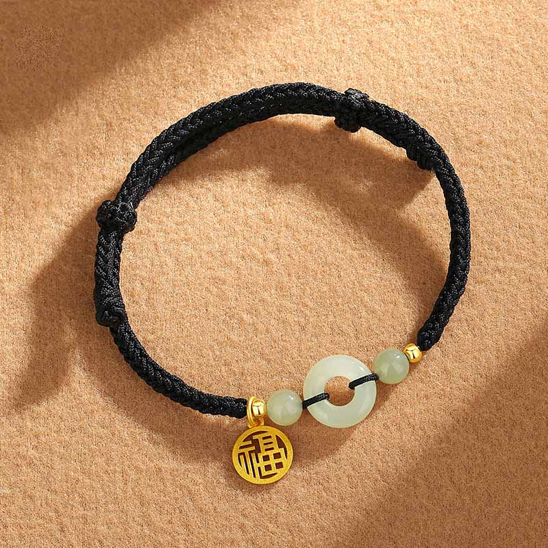 Fortune Jewel 925 Sterling Silver Hetian Jade Peace Buckle Fu Character Charm Abundance Bracelet