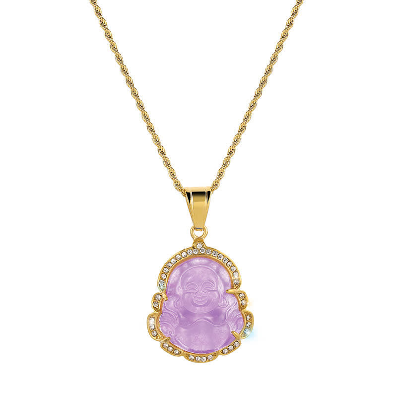 Fortune Jewel 18K Gold Filled Laughing Buddha Jade Luck Necklace Chain Pendant Fortune Jewel