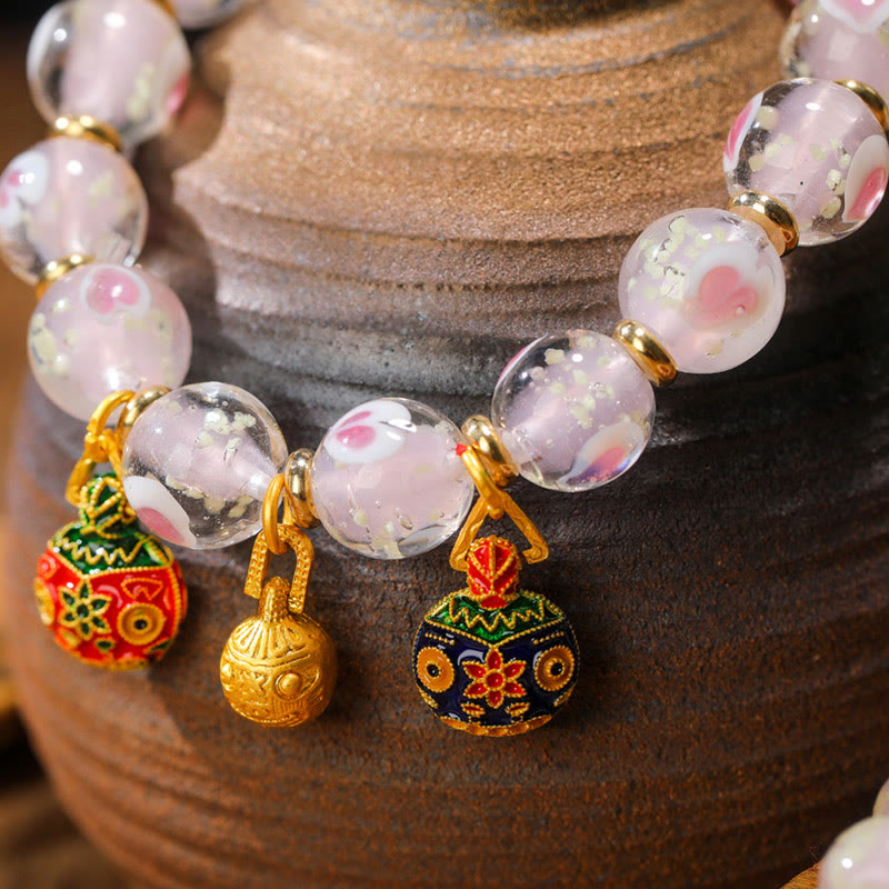 Fortune Jewel Gold Swallowing Beast Family Charm Luminous Pink Love Heart Fluorescent Liuli Glass Bead Blessings Bracelet