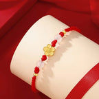 Fortune Jewel Handmade 925 Sterling Silver Peach Blossom Cherry Sakura Chalcedony Bead Luck Red Rope Bracelet