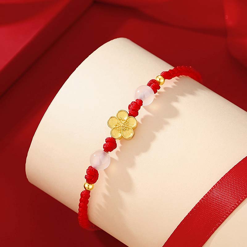 Fortune Jewel Handmade 925 Sterling Silver Peach Blossom Cherry Sakura Chalcedony Bead Luck Red Rope Bracelet