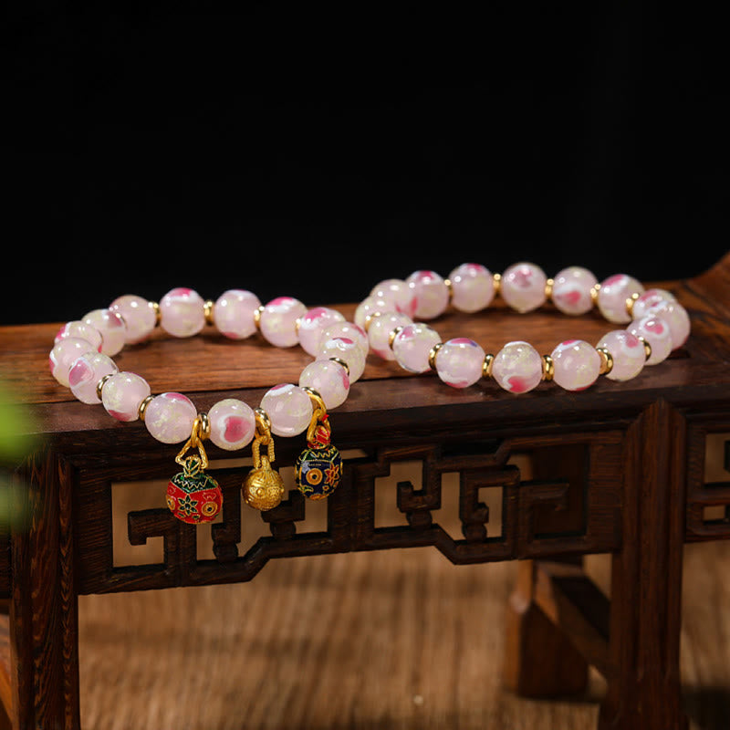 Fortune Jewel Gold Swallowing Beast Family Charm Luminous Pink Love Heart Fluorescent Liuli Glass Bead Blessings Bracelet
