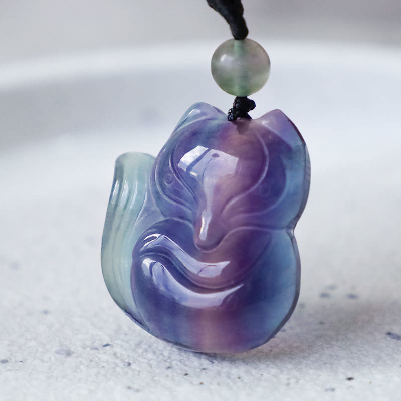 Fortune Jewel Natural Fluorite Gold Sheen Obsidian Fox Pendant Protection Necklace