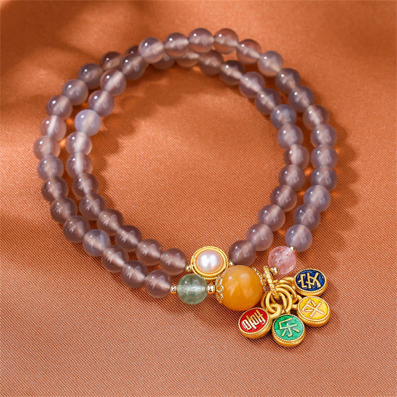 Fortune Jewel Natural Gray Agate Peace And Joy Charm Balance Double Wrap Bracelet