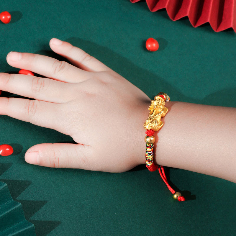 Fortune Jewel 999 Sterling Silver PiXiu Wealth King Kong Knot String Braided Kids Child Bracelet