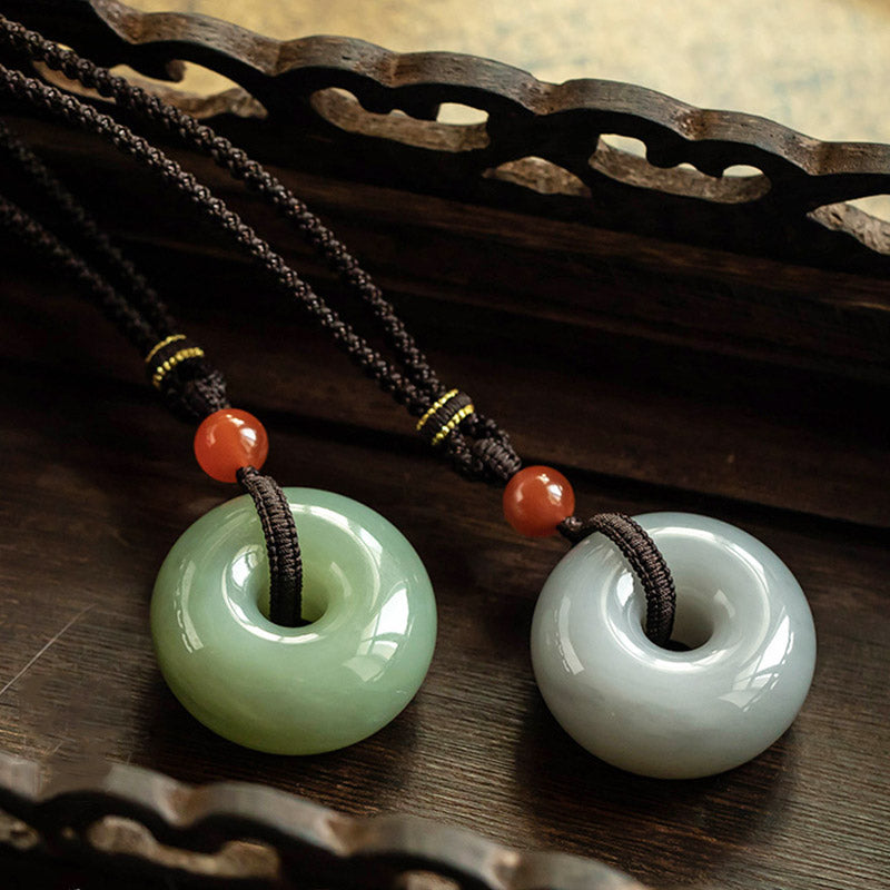Fortune Jewel Natural Round Jade Gray Jade Peace Buckle Luck Necklace Pendant