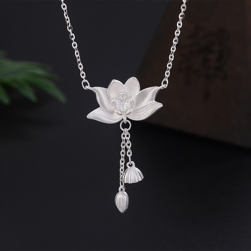 Fortune Jewel 999 Sterling Silver Lotus Flower Pod Carved Enlightenment Necklace Pendant Fortune Jewel