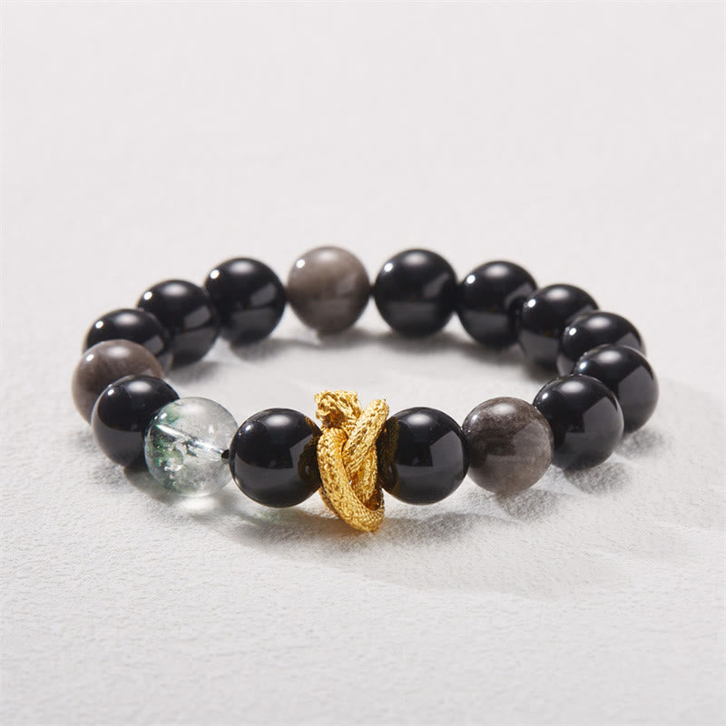Fortune Jewel Natural Silver Sheen Obsidian Dragon Green Phantom Protection Bracelet
