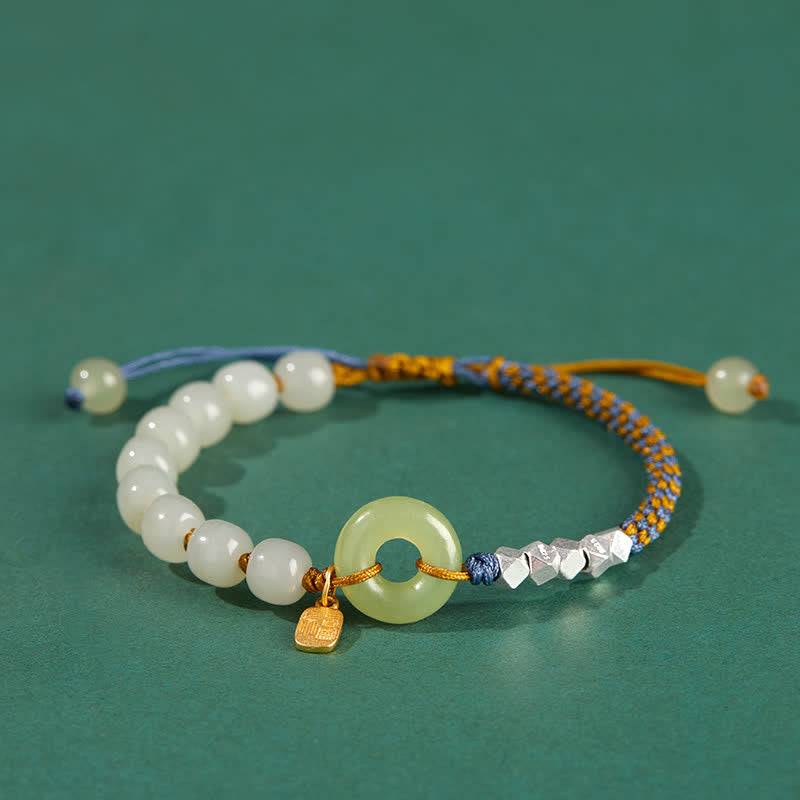 Fortune Jewel 925 Sterling Silver Hetian Jade Peace Buckle Beaded Luck Happiness Charm Bracelet
