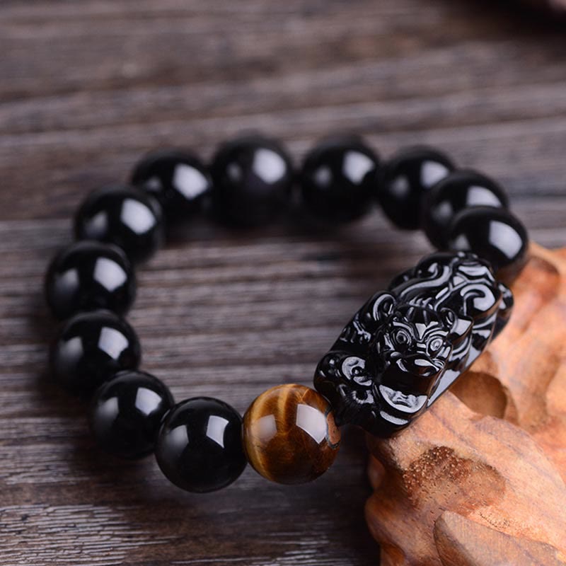 Fortune Jewel Natural Black Obsidian PiXiu Tiger's Eye Strength Bracelet