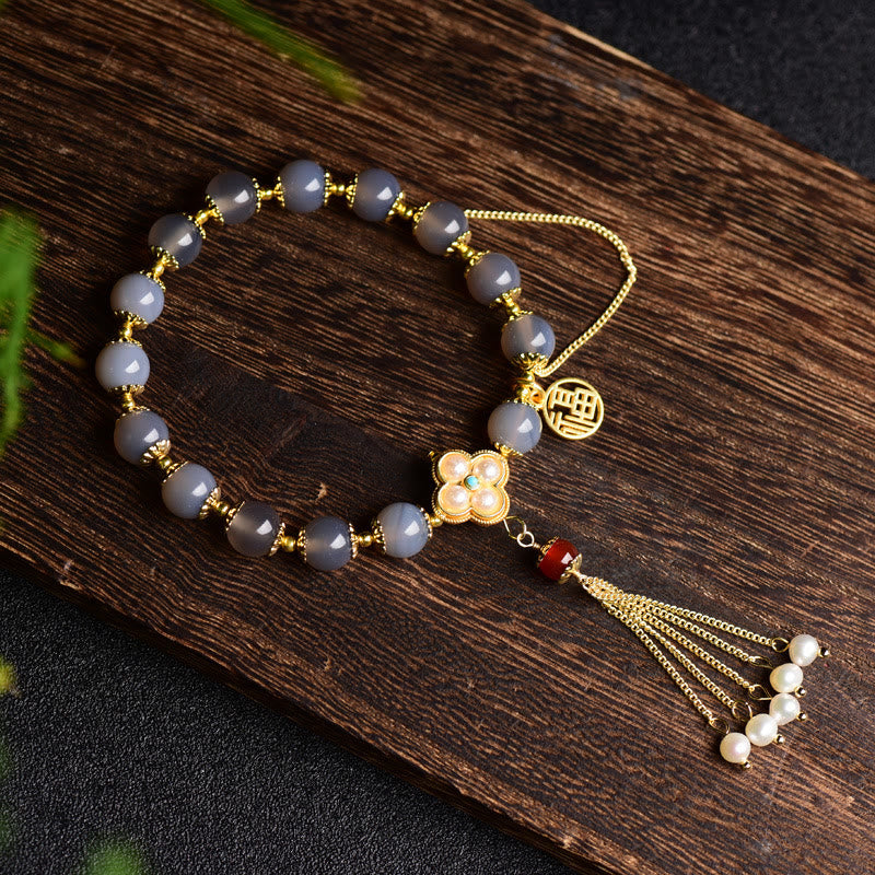 Fortune Jewel Natural Gray Agate Fu Character Pearl Tassel Balance Bracelet