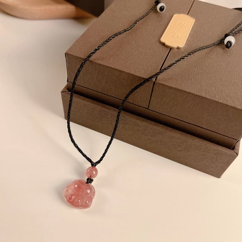 Fortune Jewel Strawberry Quartz Lovely Cat Paw Claw Healing Necklace Pendant