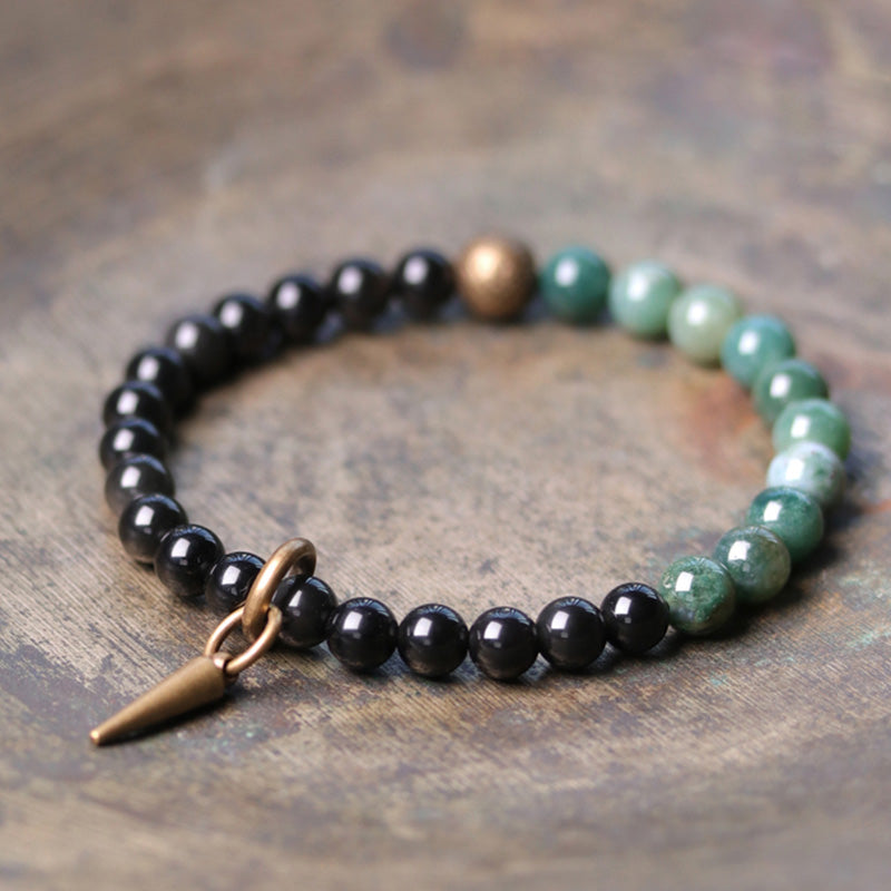 Fortune Jewel Black Obsidian Sodalite Crystal Copper Strength Couple Bracelet