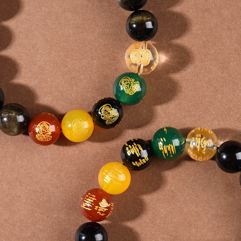 Fortune Jewel Gold Sheen Obsidian Rainbow Obsidian Black Obsidian Five Directions Gods of Wealth Bracelet