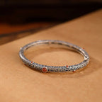 Vintage Tang Dynasty Flower Design Engraved Red Agate Copper Luck Bracelet Bangle Fortune Jewel