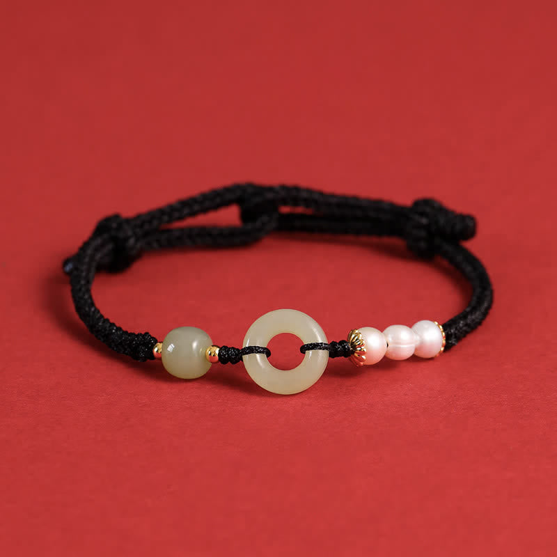Fortune Jewel Natural Hetian Jade Pearl Peace Buckle Luck Bracelet