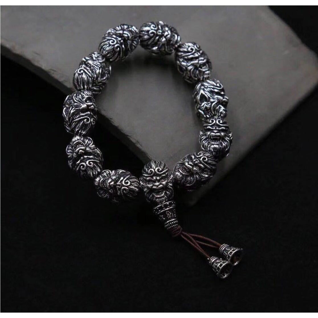Vintage Men's Silver Bracelet Sun Wukong Fighting Buddha Beaded Bracelet
