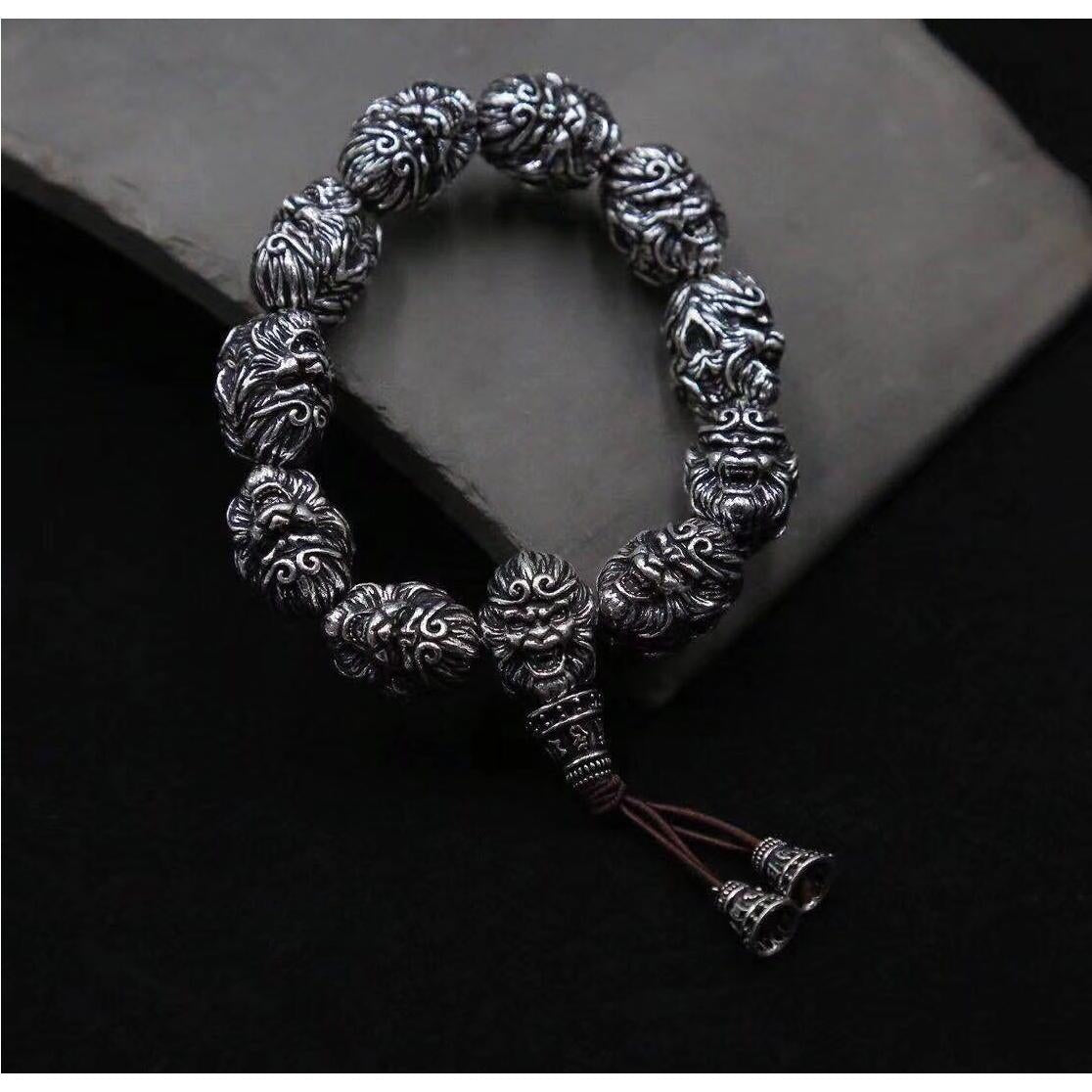 Vintage Men's Silver Bracelet Sun Wukong Fighting Buddha Beaded Bracelet
