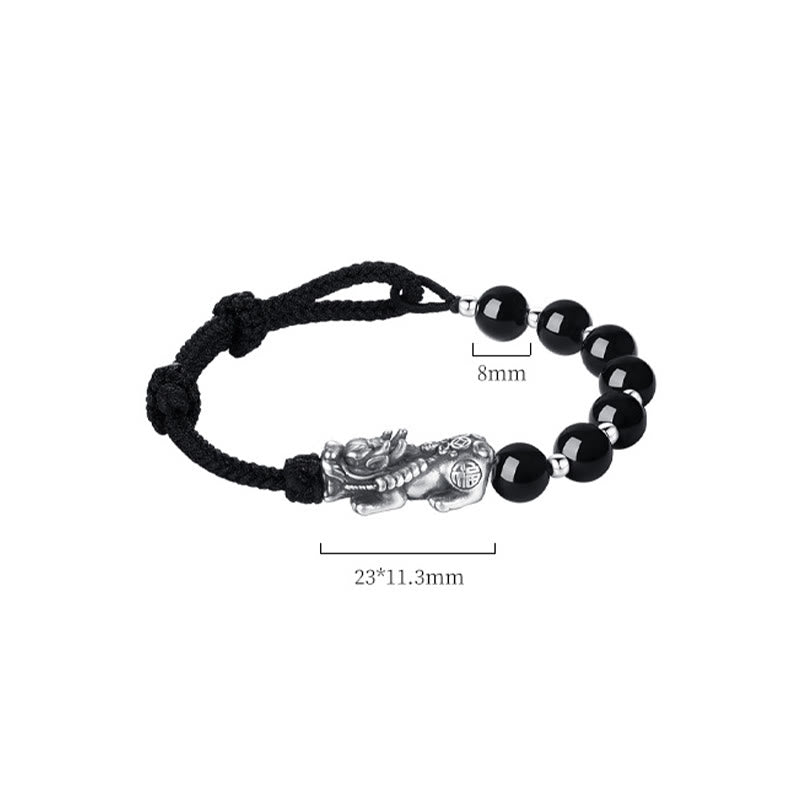 Fortune Jewel 999 Sterling Silver FengShui PiXiu Natural Black Obsidian 925 Sterling Silver Bead Strength Bracelet