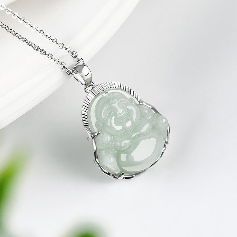 Fortune Jewel Laughing Buddha Jade Luck Calm Titanium Steel Chain Necklace Pendant Fortune Jewel